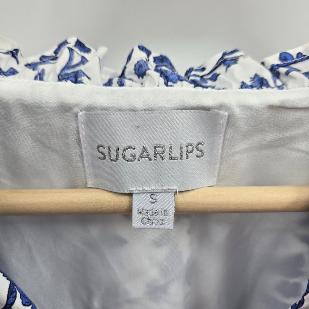 Sugarlips White Blue Floral Ruffle Sleeve Lined Cotton Mini Dress Size Small - Picture 10 of 12